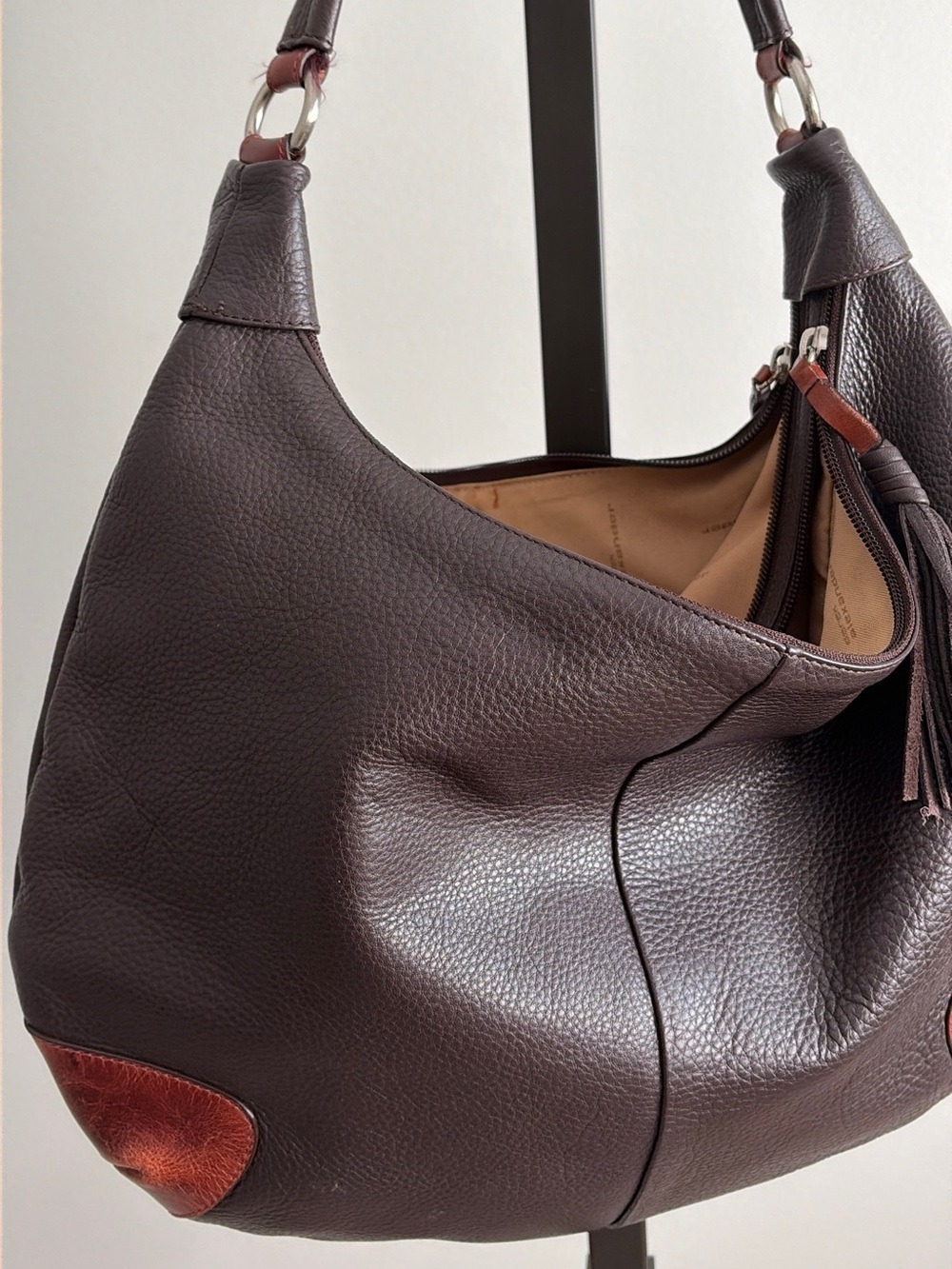Derek Alexander Leather Hobo Shoulder Bag in Dark Brown with Chestnut Accents - Picture 10 of 10